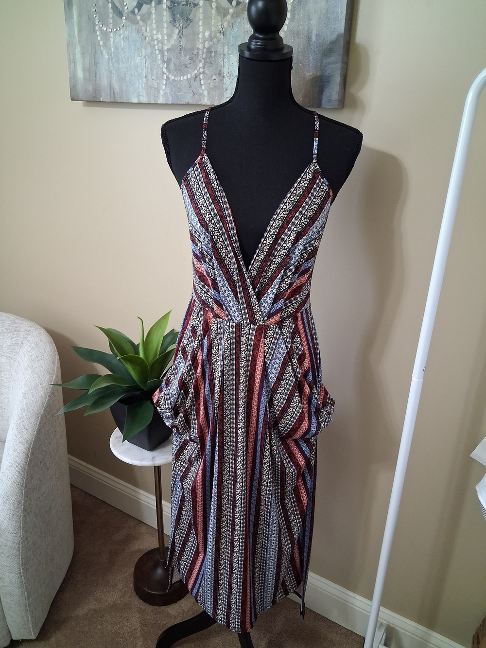 BCBGeneration Striped Surplice Midi Dress in Rust and Navy